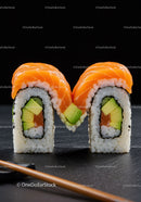 Close Up of Fresh Salmon Avocado Sushi Rolls