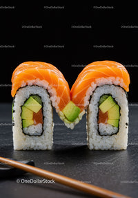 Close Up of Fresh Salmon Avocado Sushi Rolls