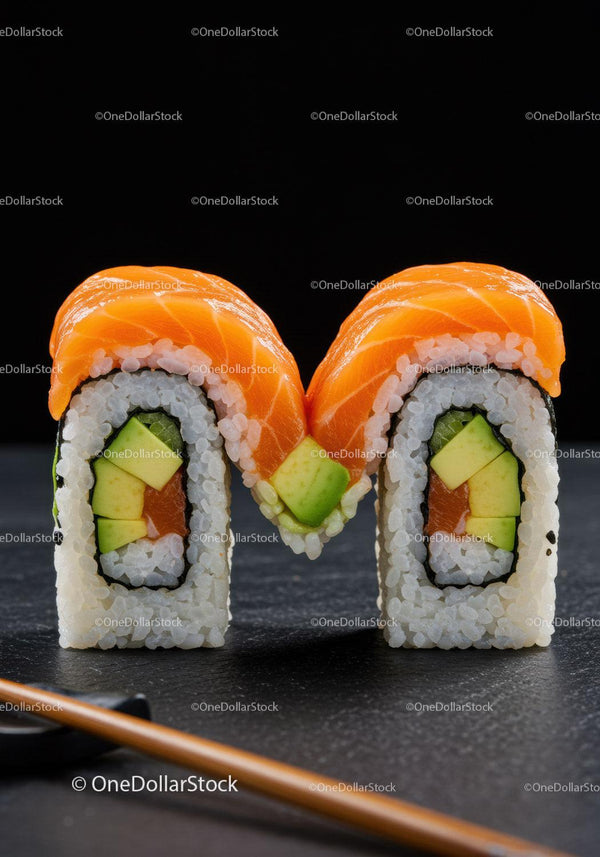 Close Up of Fresh Salmon Avocado Sushi Rolls