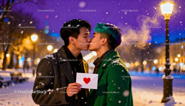 Young LGBTQ Couple Sharing Valentine's Kiss in Snowy Park