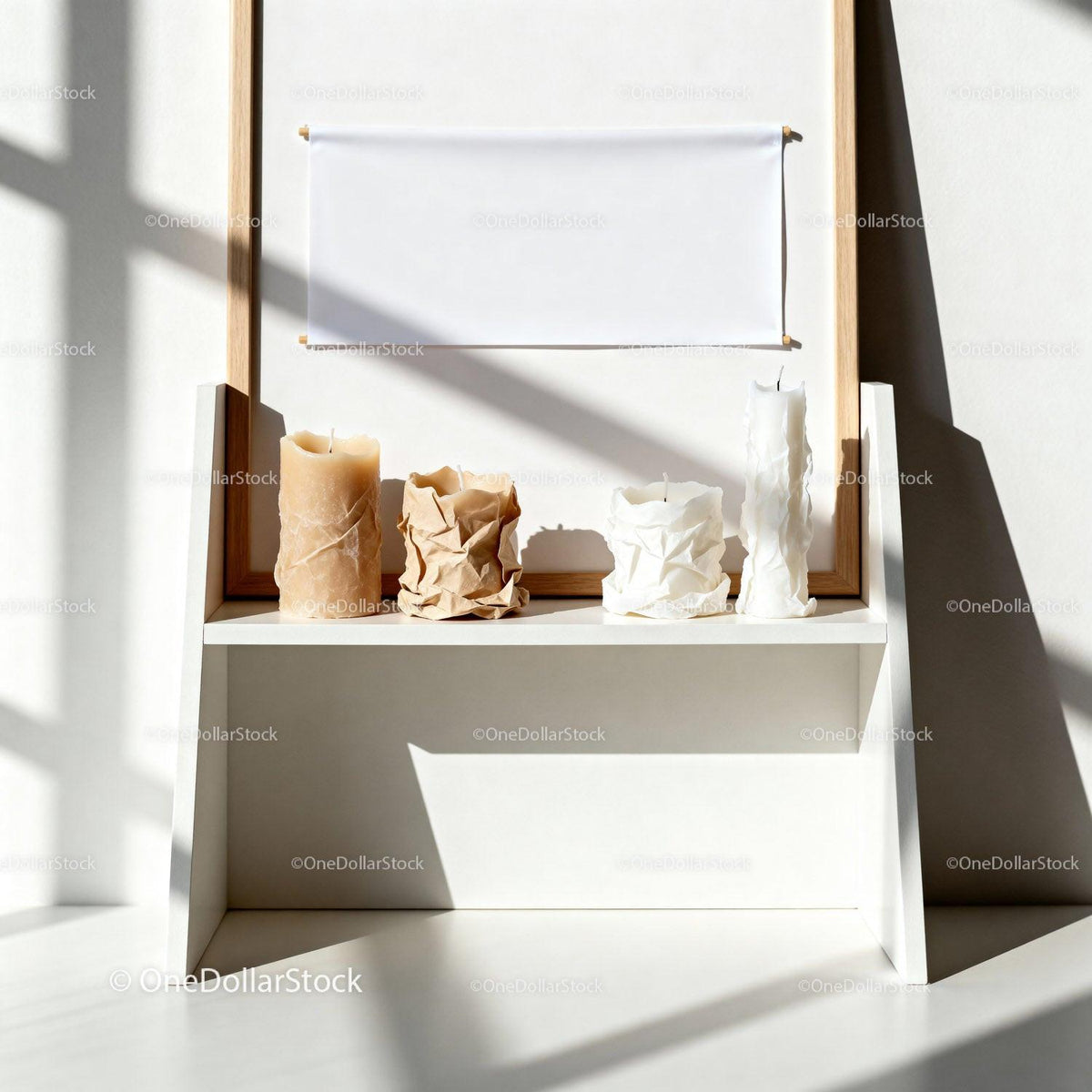 Minimalist modern candles on white shelf with shadows JPG Mockup Image preview