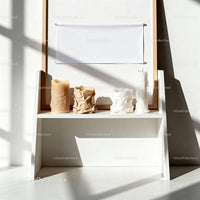Minimalist modern candles on white shelf with shadows JPG Mockup Image preview