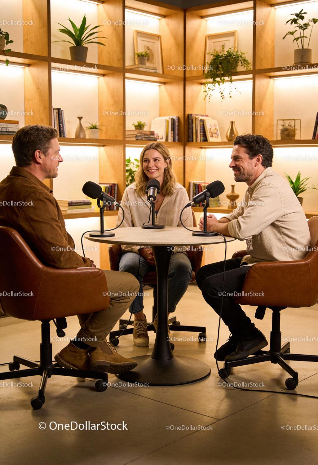 Three Adults Engaged in Warm Podcast Conversation