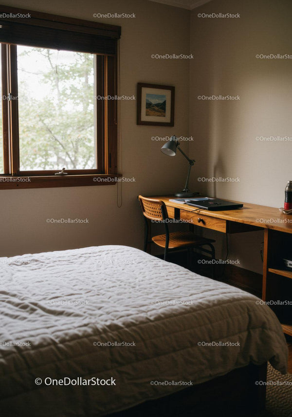 Modern Bedroom with Wooden Desk and Natural Light