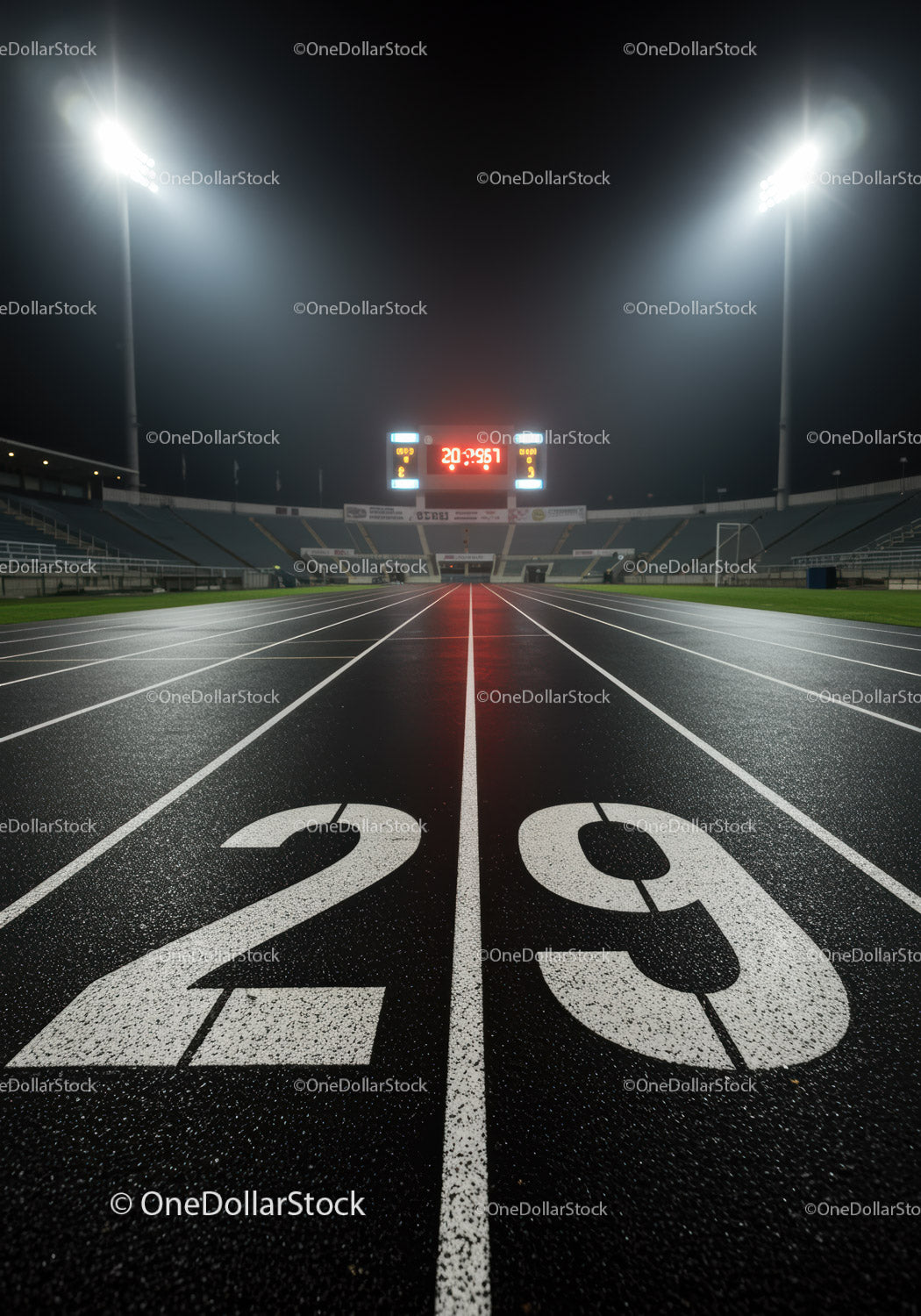 Empty night running track with lane twenty nine in stadium