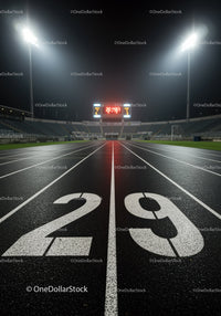 Empty night running track with lane twenty nine in stadium