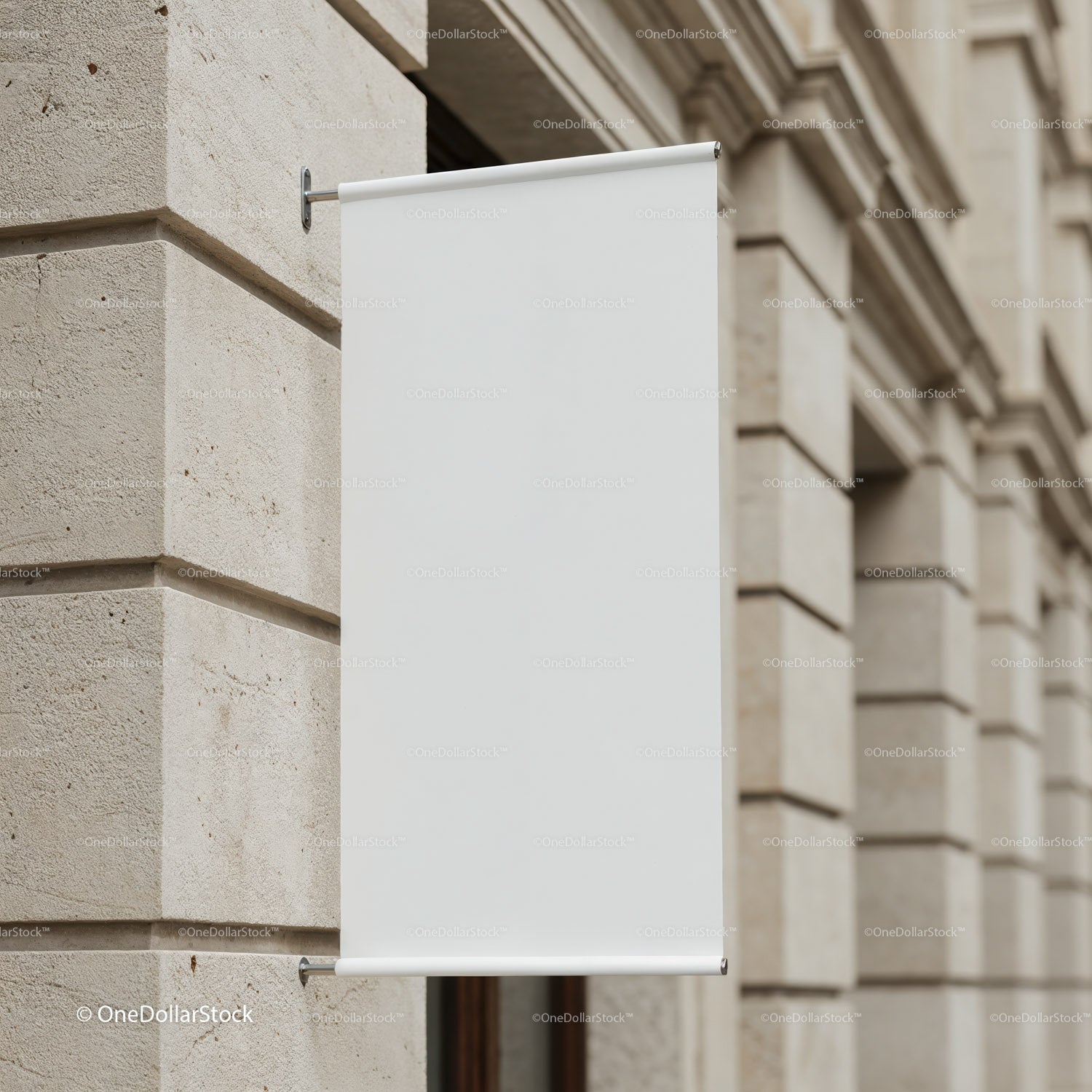 Blank Vertical Banner Hanging on Stone Building Wall