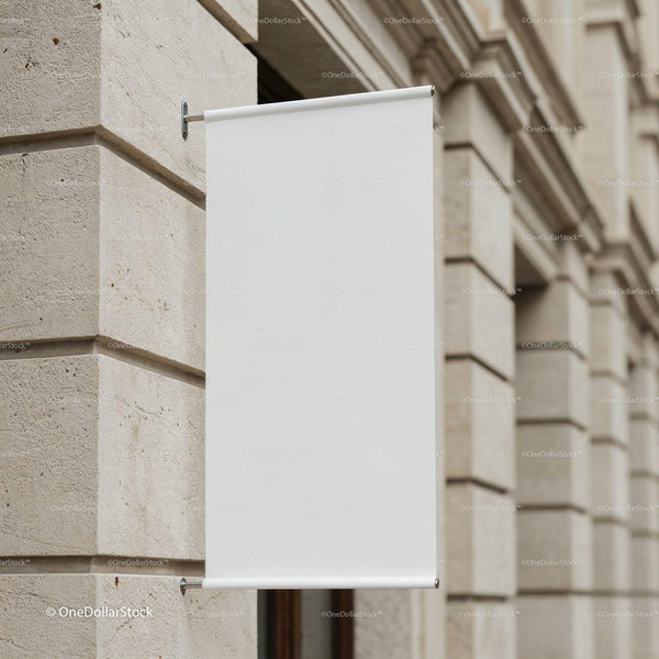 Blank Vertical Banner Hanging on Stone Building Wall JPG Mockup Image