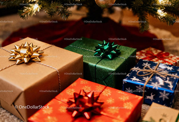 Colorful Christmas presents under decorated tree