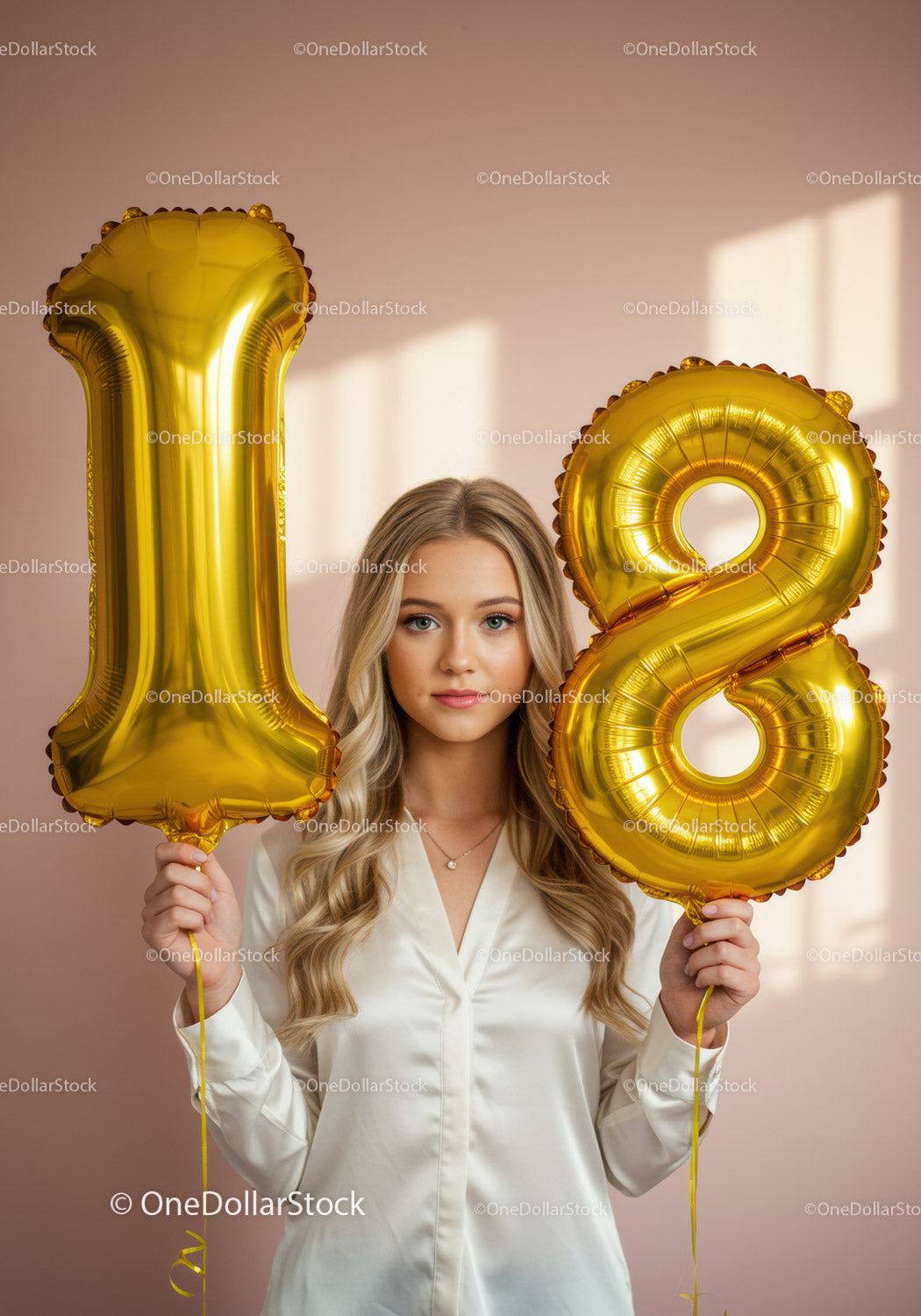 Young woman celebrating 18th birthday with golden balloons
