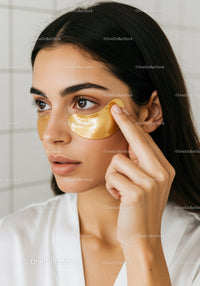Young Woman Applying Gold Eye Patch for Skincare and Relaxation