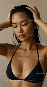 Elegant Woman with Wet Skin and Moistened Body in Black Bikini Top
