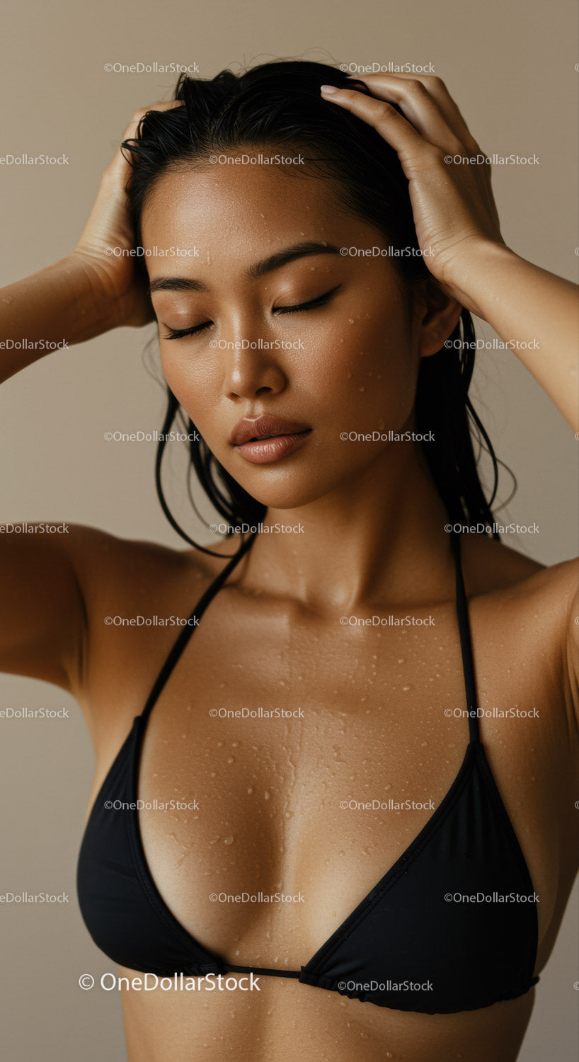 Elegancka kobieta z mokrą skórą i nawilżonym ciałem w czarnym staniku bikini