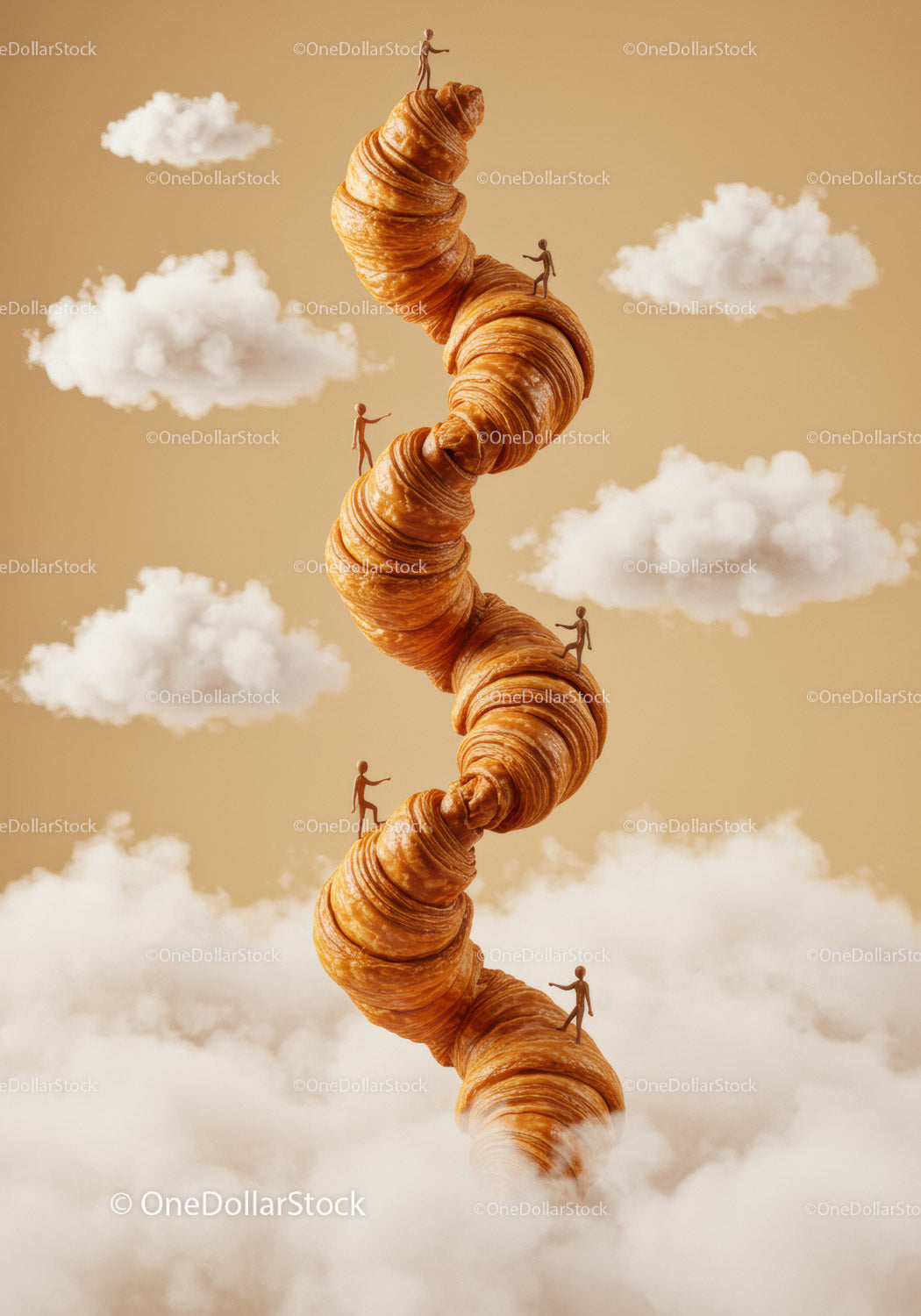 Miniature Figures Climbing Twisted Croissant Tower in Clouds