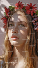 Young Woman with Red Floral Crown and Purple Grapes Outdoor Portrait