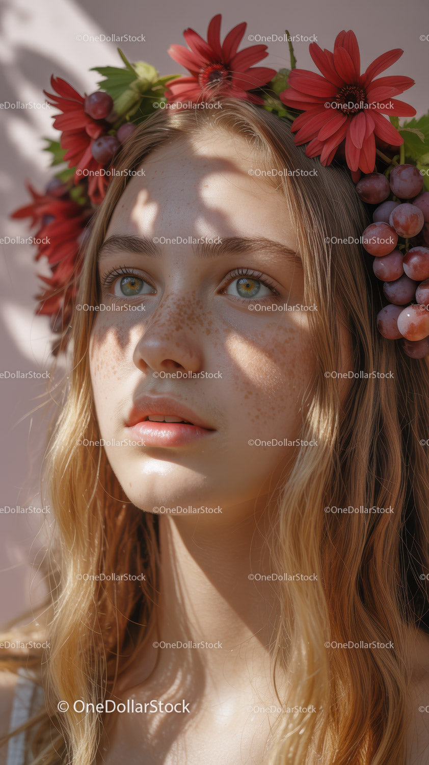 Young Woman with Red Floral Crown and Purple Grapes Outdoor Portrait