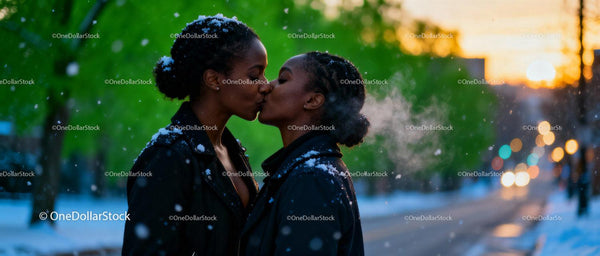 Two Women Sharing a Tender Kiss on a Winter Evening