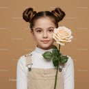 Young Girl with Pale Peach Rose Portrait on Soft Beige Background
