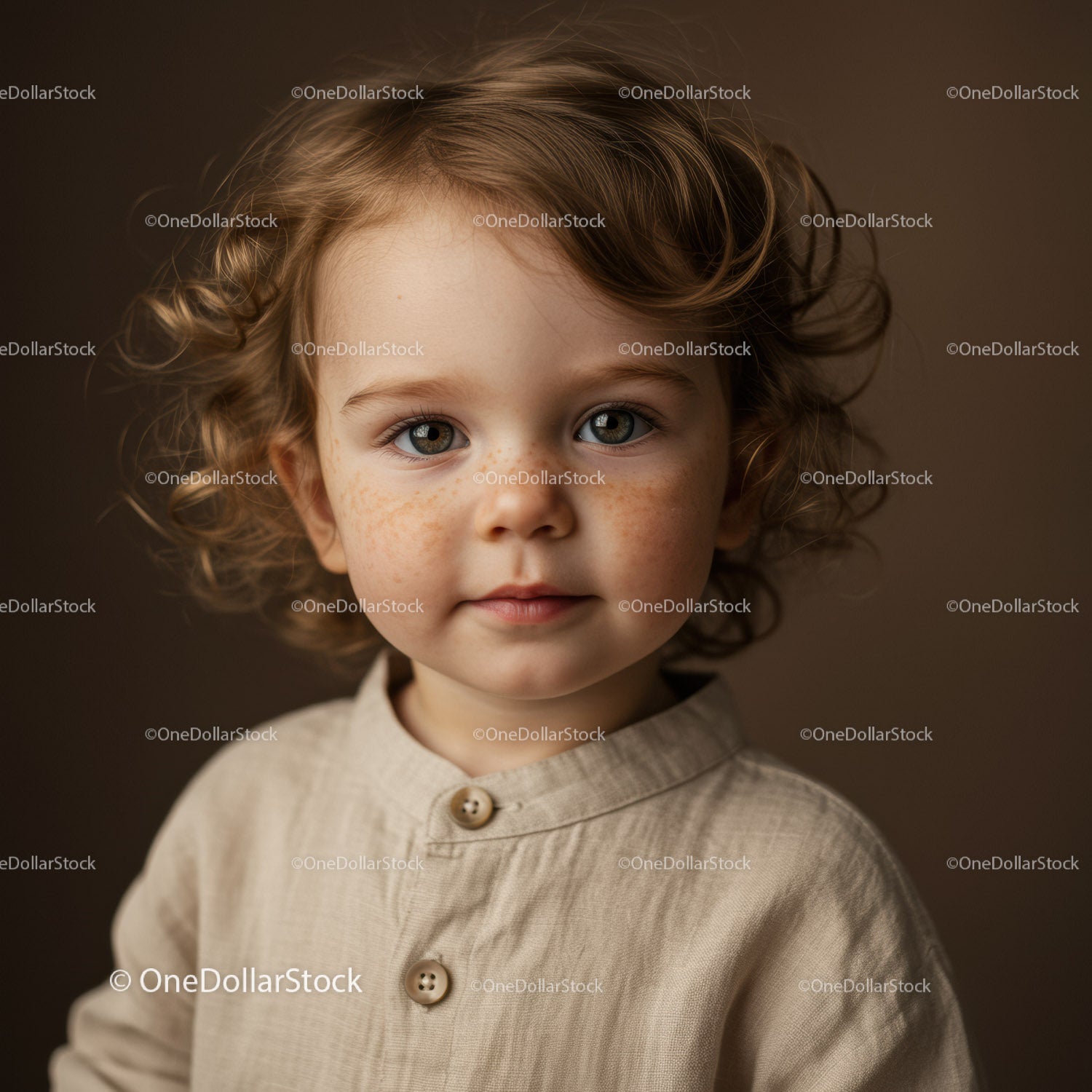 Portret zamyślonego dziecka z kręconymi włosami i piegami