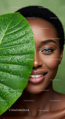 Portrait of a Woman with Blue Eye Peeking from Behind Green Tropical Leaf