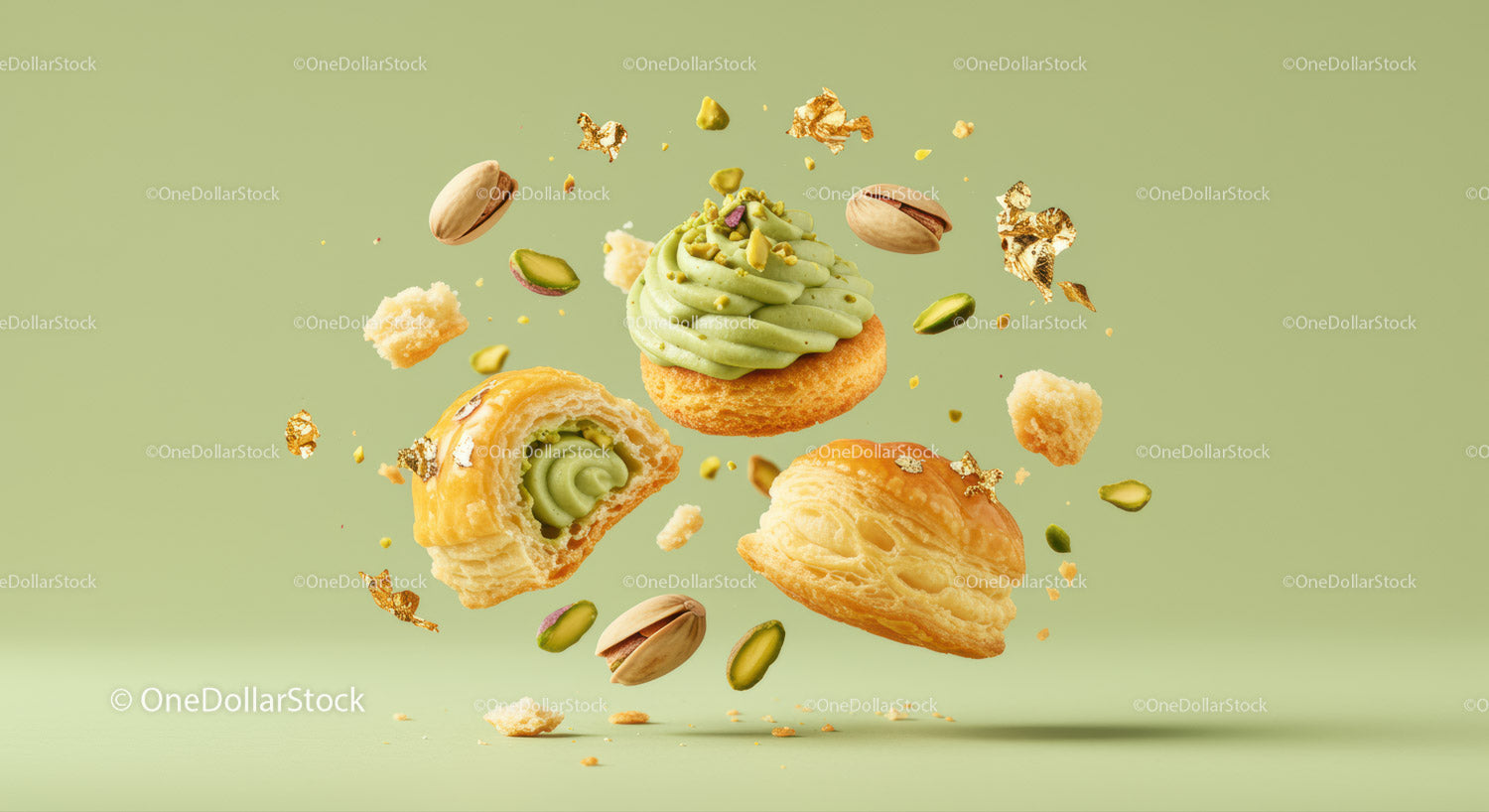Pistachio cream pastries with broken puff pastry pieces