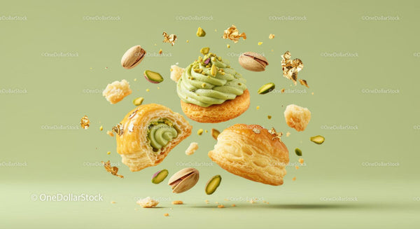 Pistachio cream pastries with broken puff pastry pieces