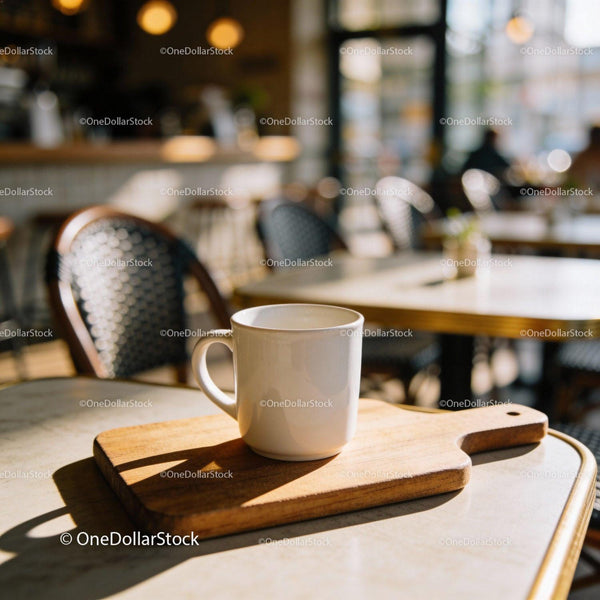 White Coffee Mug on Wooden Board in Cozy Cafe