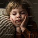 Peaceful child resting with eyes closed on knitted pillow