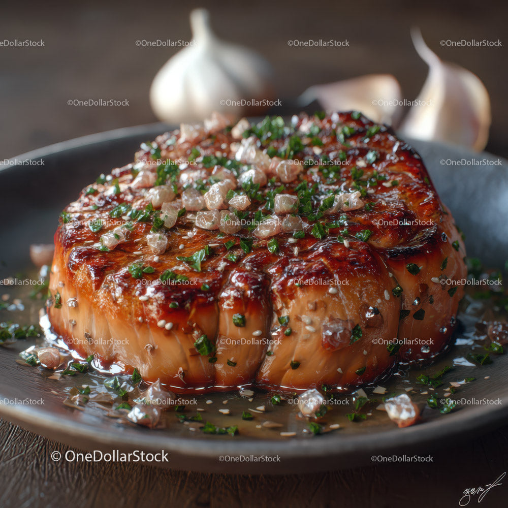 Succulent glazed ham with garlic and parsley for festive dinner