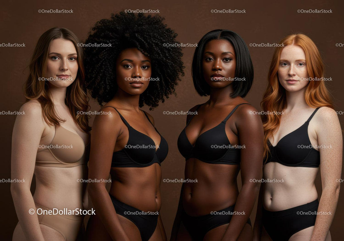Diverse women in elegant lingerie stand confidently together