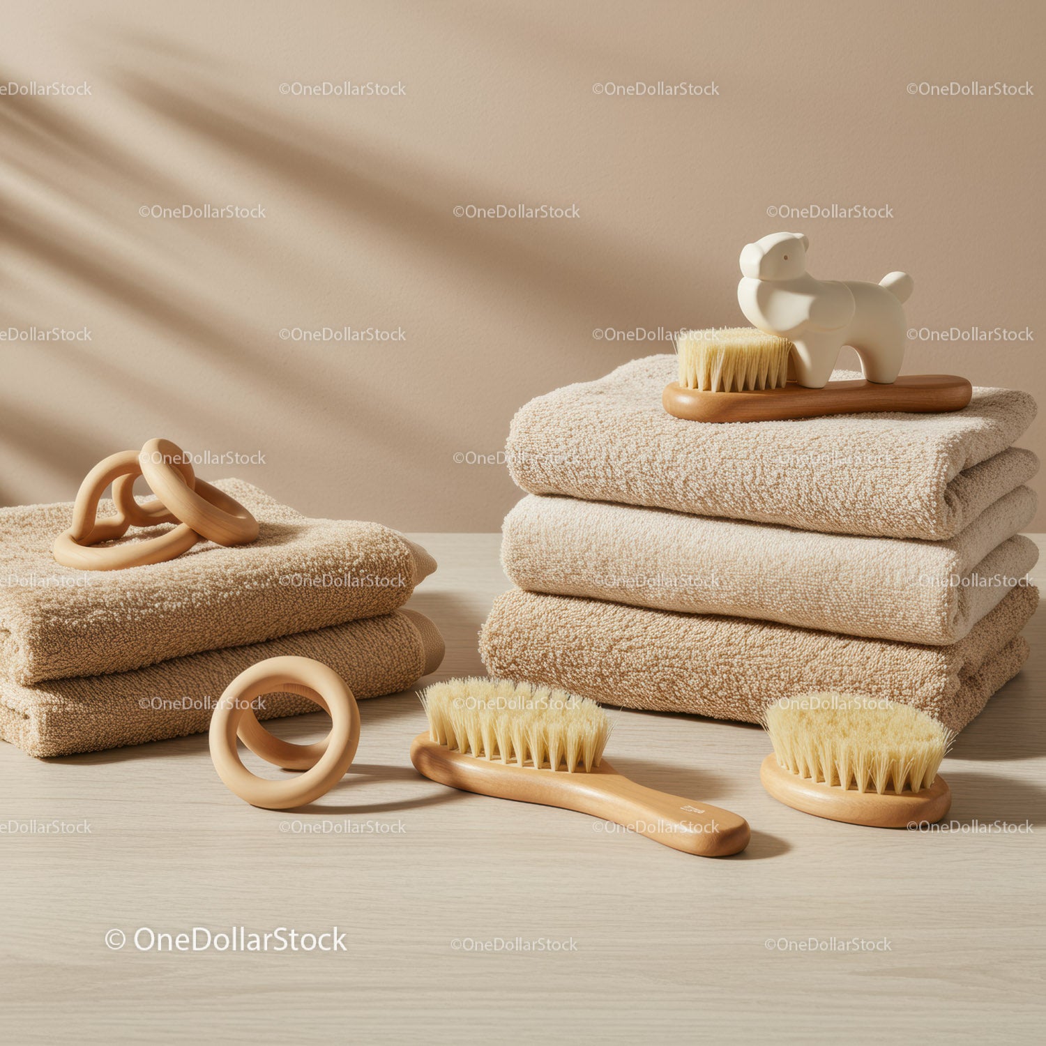 Stacked neutral towels with wooden brushes and rings