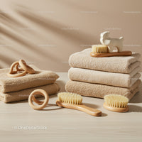 Stacked neutral towels with wooden brushes and rings