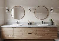 Modern Double Vanity Bathroom with Round Mirrors and Wood Cabinets
