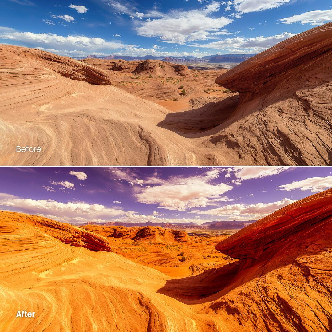 Before and after Sahara LUT Pack effect