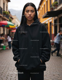 Fashionable Woman Wearing Black Hoodie in Urban City Street