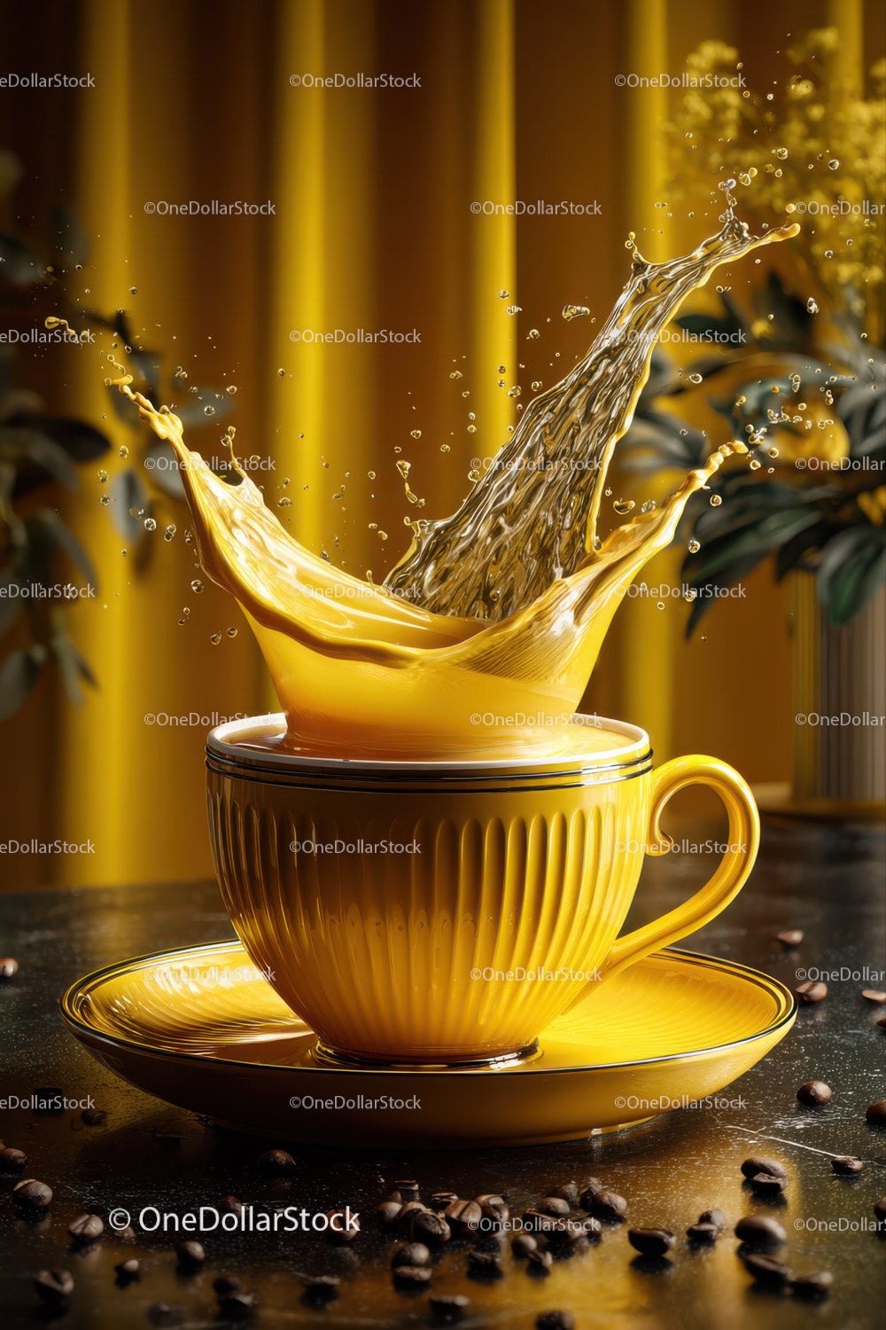 Vibrant Splash of Coffee in Yellow Cup with Beans and Dramatic Background