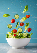 Fresh ingredients tossed in a white bowl with blue background