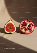 Fresh fig and pomegranate halves on beige background