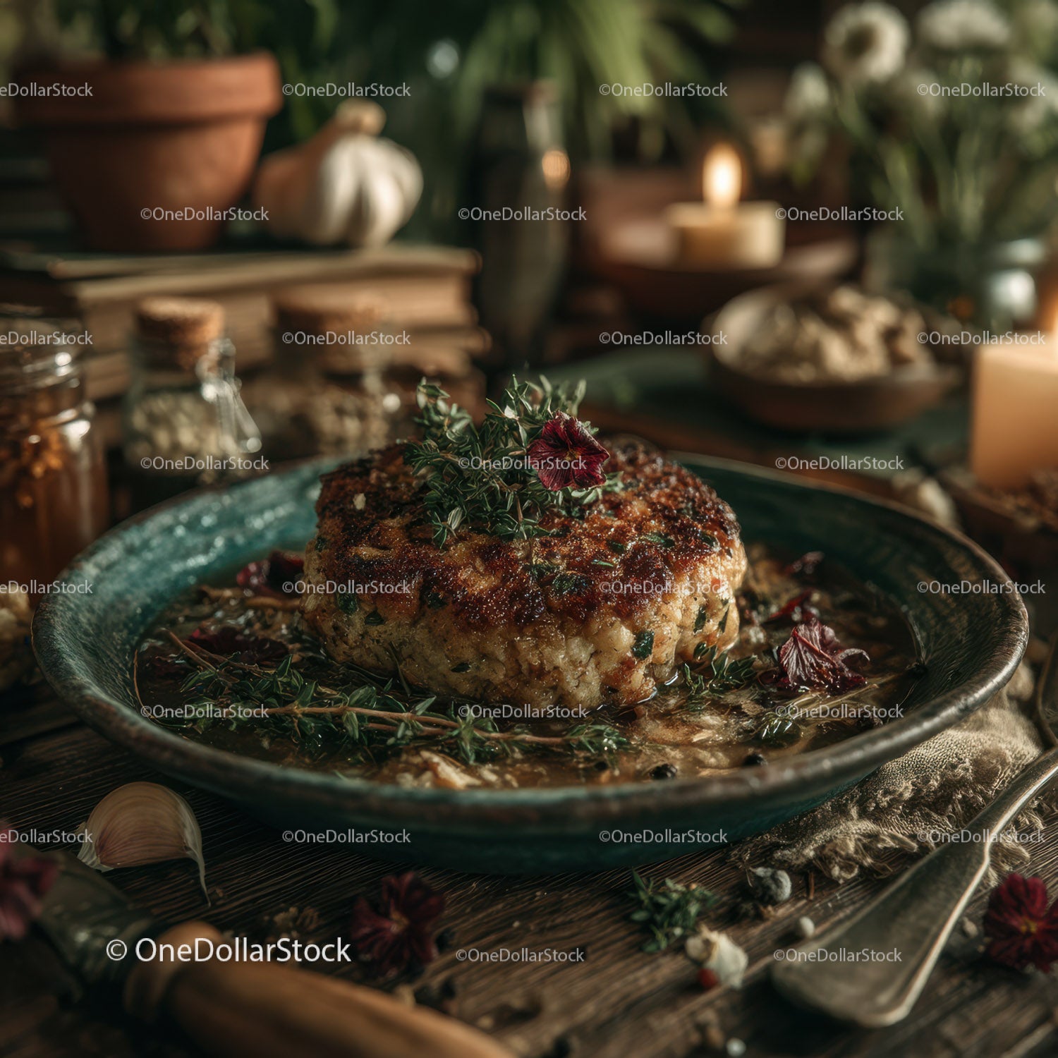 Rustic Meatloaf with Herbs Garnish in Warm Kitchen Setting