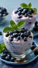 Berry Cheesecake in Glass Cup with Fresh Mint and Blueberries