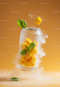Frozen mango cubes with fresh basil in frosted can