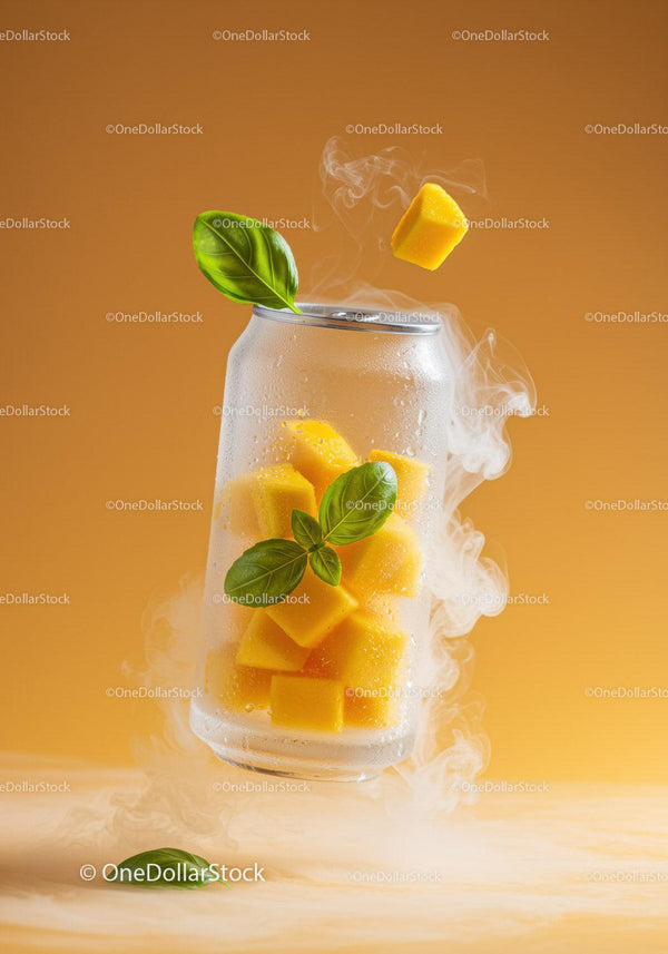 Frozen mango cubes with fresh basil in frosted can
