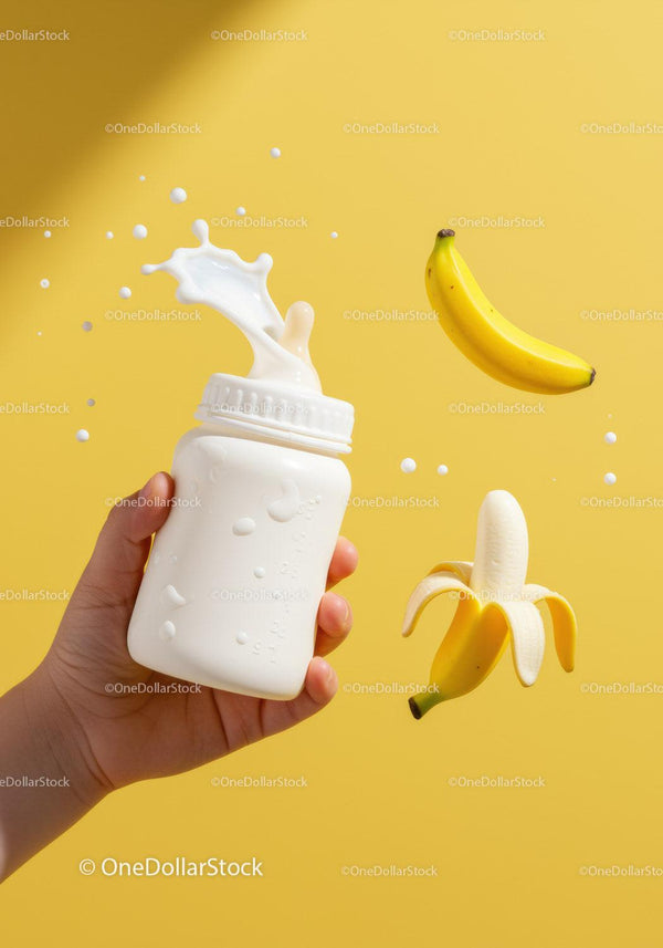Splashing milk from baby bottle with ripe bananas