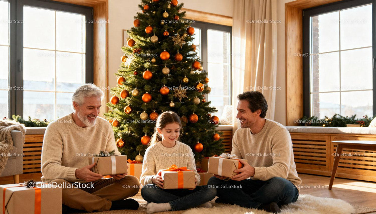 Family Enjoying Christmas Morning with Gifts by Tree