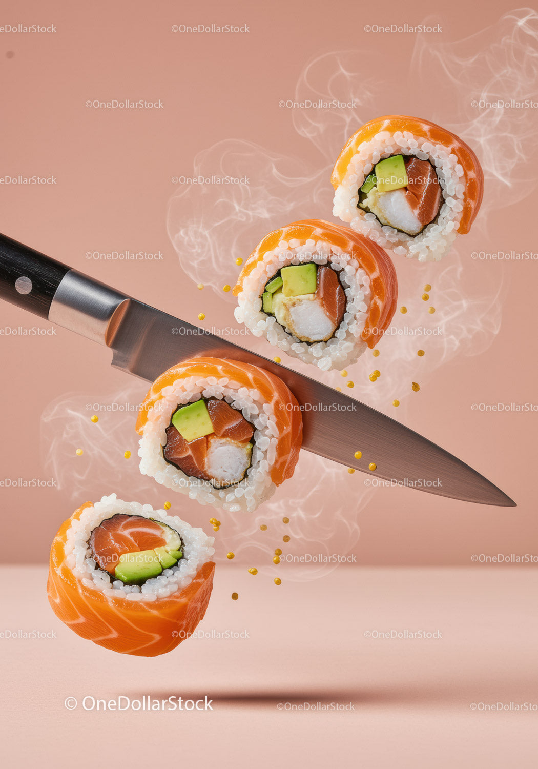 Fresh salmon sushi rolls suspended above sharp knife