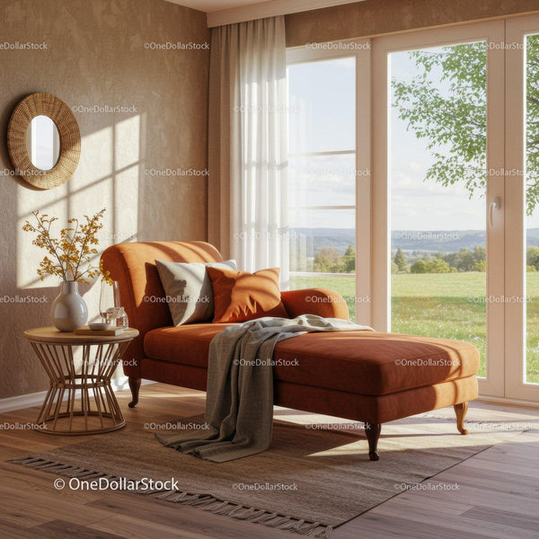 Cozy orange chaise lounge near large sunlit window