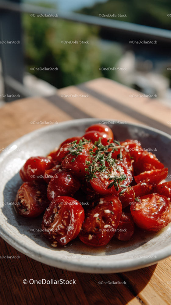 Vine-Ripened Cherry Tomatoes with Fresh Herbs on Rustic Plate