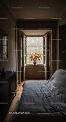 Cozy Bedroom with Open Window and Autumn View Featuring Orange Poppies