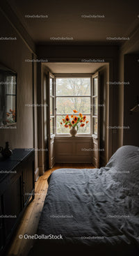 Cozy Bedroom with Open Window and Autumn View Featuring Orange Poppies
