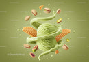 Green Pistachio Ice Cream Scoop with Wafers and Nuts